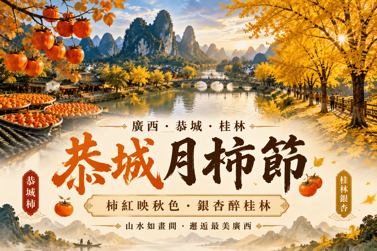 【季節限定】桂林秋季限定自由行六日、銀杏金光、柿紅古村山水【無購物無自費VIP三排椅】