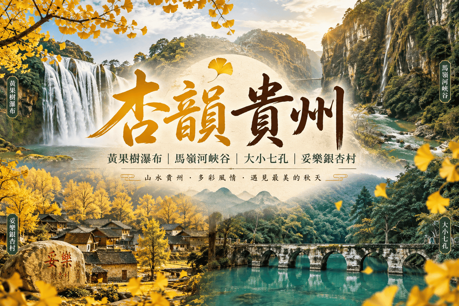 【季節限定】杏韻貴州8日、黃果樹瀑布、馬嶺河峽谷、大小七孔、妥樂銀杏村【無購物無自費三排椅】