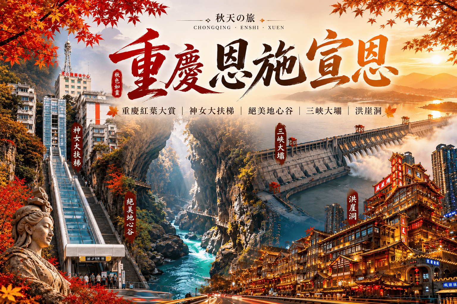 【季節限定】重慶紅葉大賞．神女大扶梯．絕美地心谷．三峽大壩．洪崖洞8日【無購物無自費三排椅】